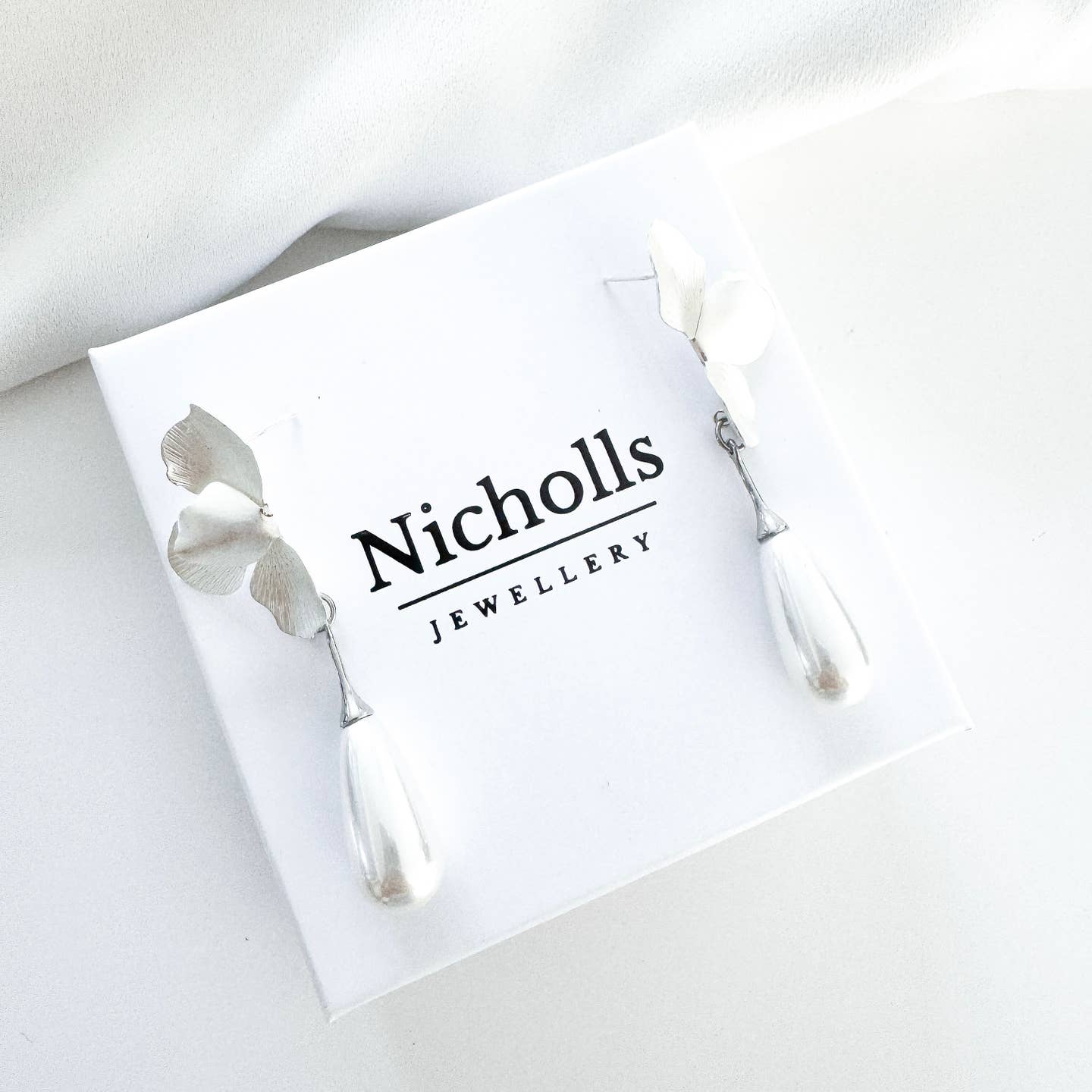 Silver Folded Flower Teardrop Pearl Earrings