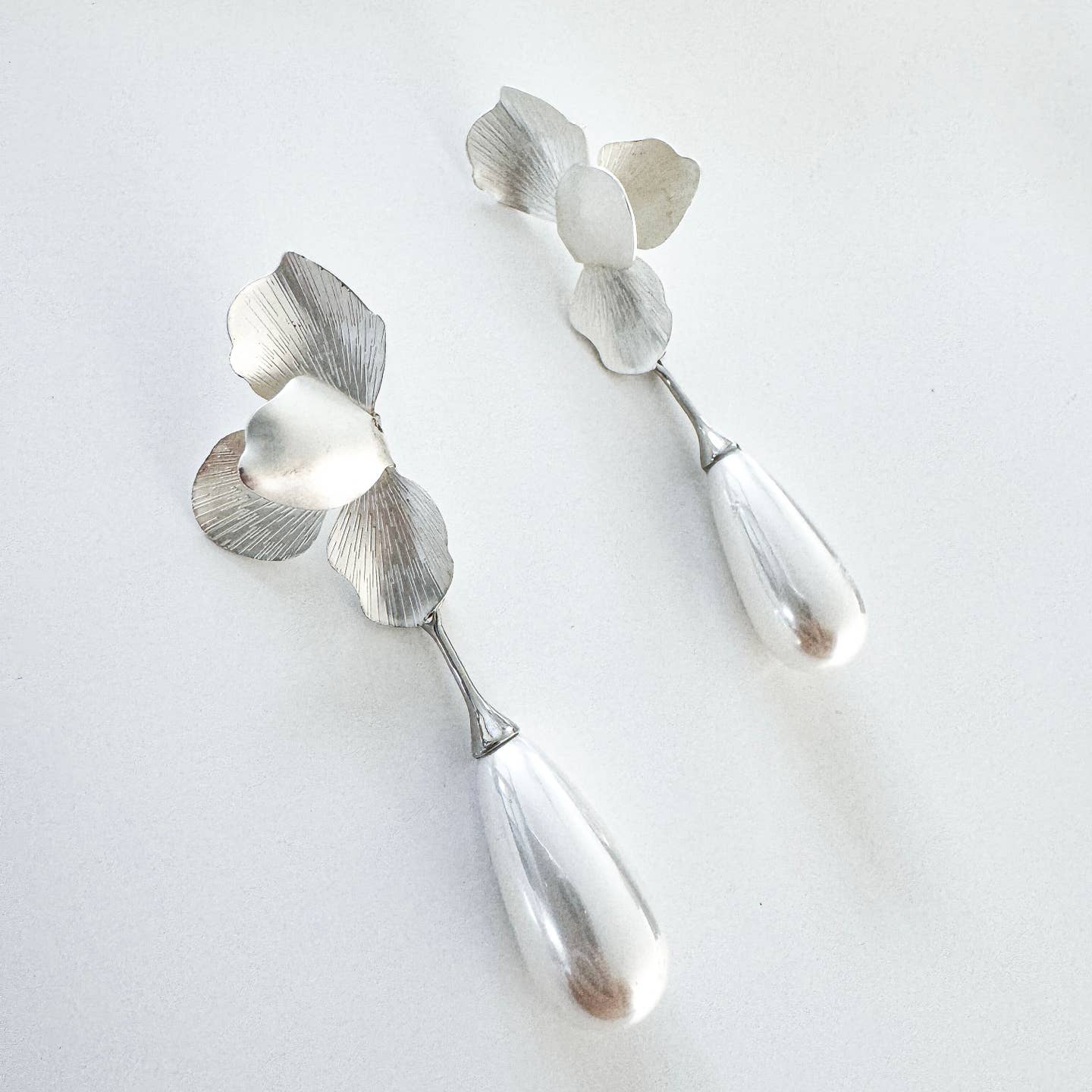 Silver Folded Flower Teardrop Pearl Earrings