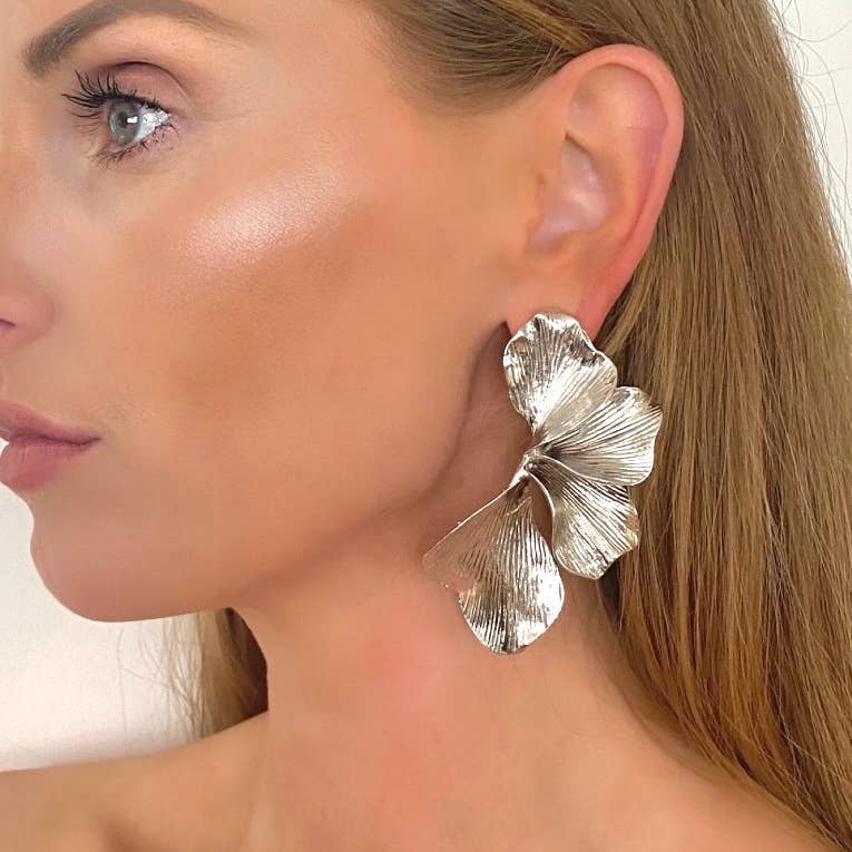 Statement Silver Iris Petal Flower Earrings