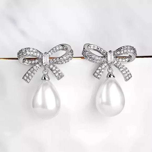 Silver Crystal Bow & Pearl Earrings Silver