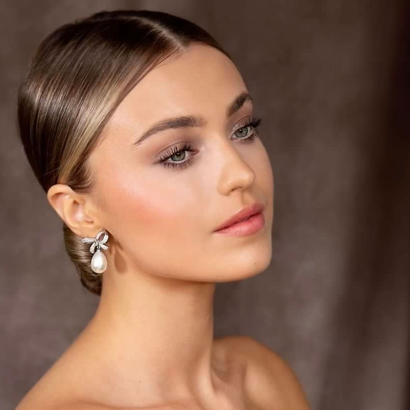 Silver Crystal Bow & Pearl Earrings Silver
