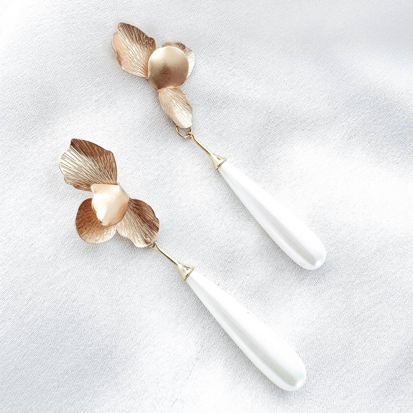 Gold Folded Flower & Long Elegant Pearl Earrings