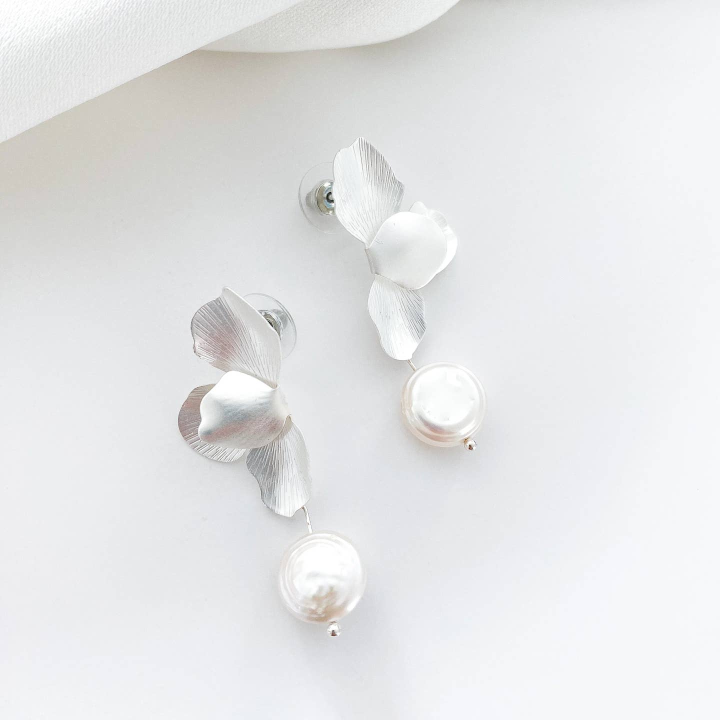 Silver Folded Flower Pearl Earrings