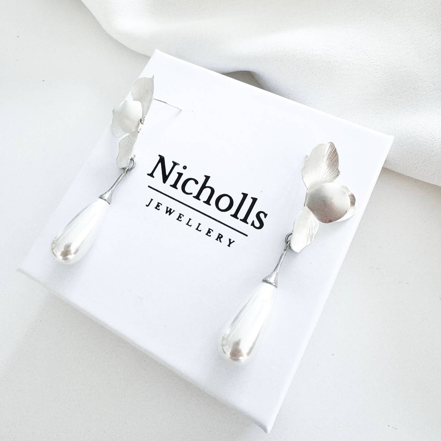 Silver Folded Flower Teardrop Pearl Earrings