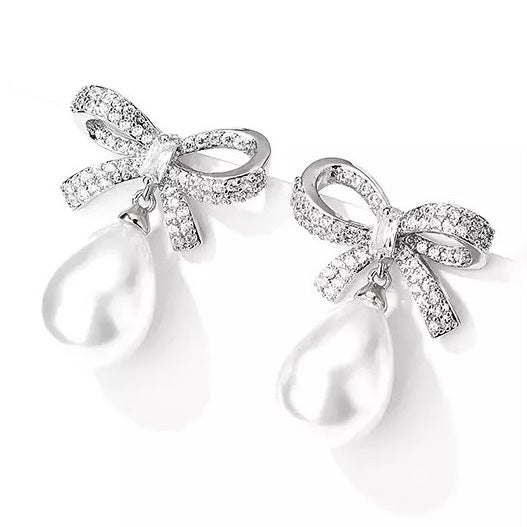 Silver Crystal Bow & Pearl Earrings Silver