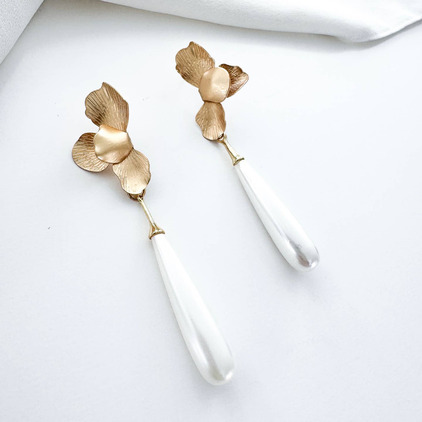 Gold Folded Flower & Long Elegant Pearl Earrings