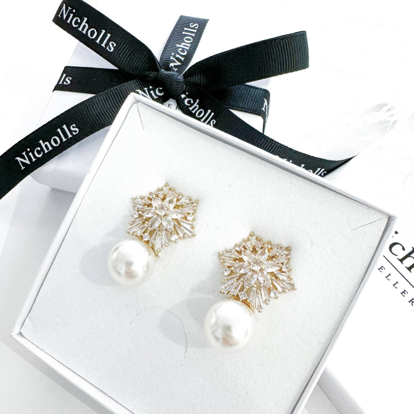 Gold Snowflake Crystal & Pearl Drop Earrings