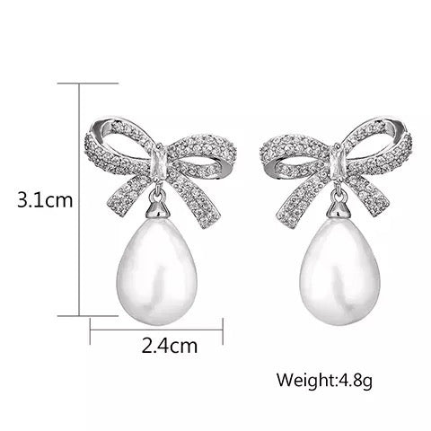 Silver Crystal Bow & Pearl Earrings Silver