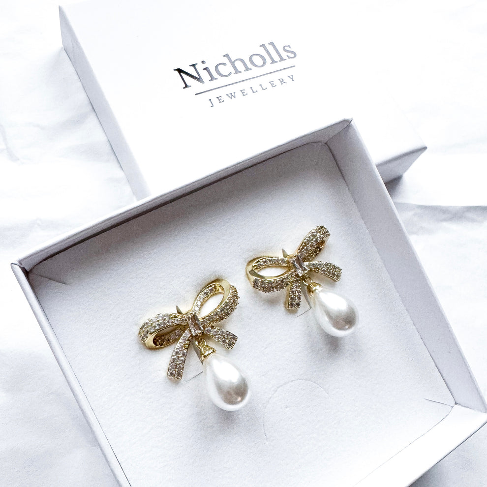 Gold Crystal Bow & Pearl Earrings Gold