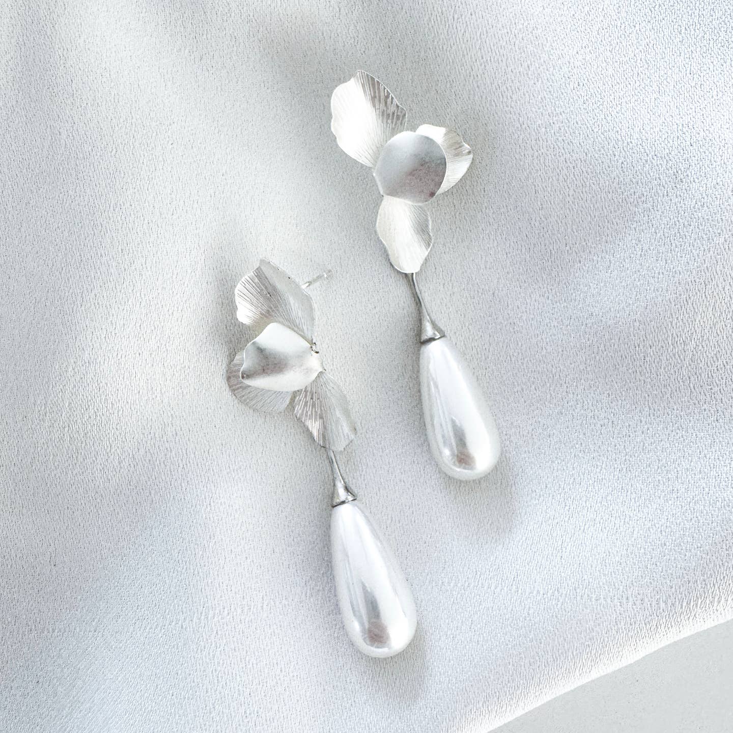 Silver Folded Flower Teardrop Pearl Earrings