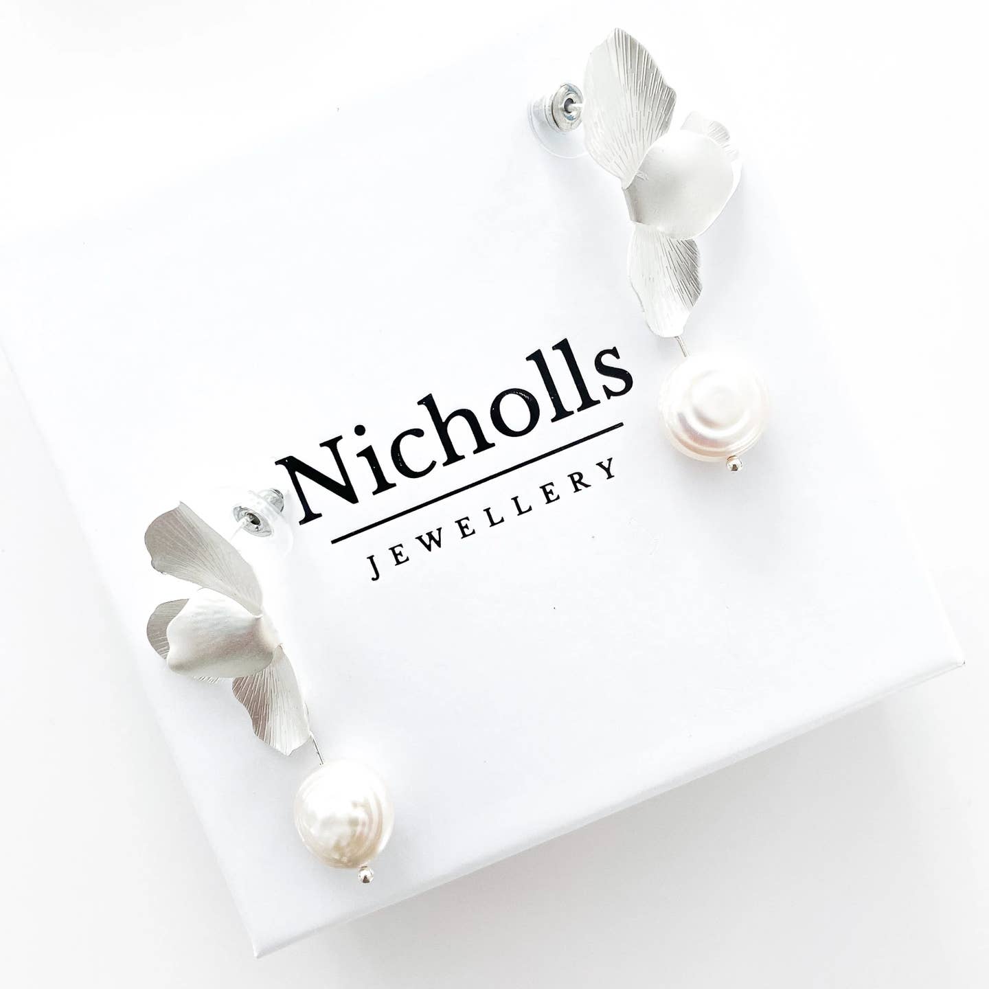 Silver Folded Flower Pearl Earrings