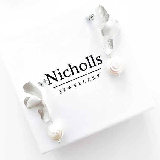 Silver Folded Flower Pearl Earrings