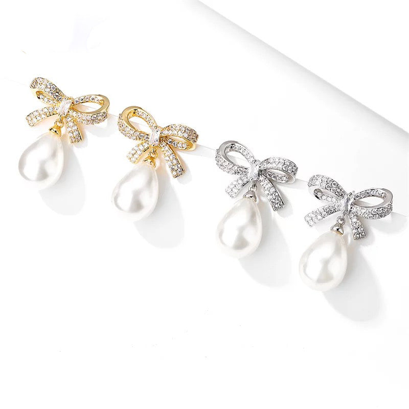 Silver Crystal Bow & Pearl Earrings Silver