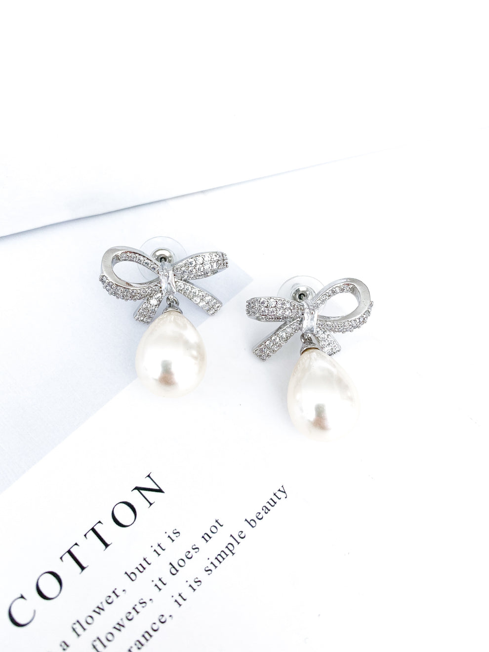 Silver Crystal Bow & Pearl Earrings Silver