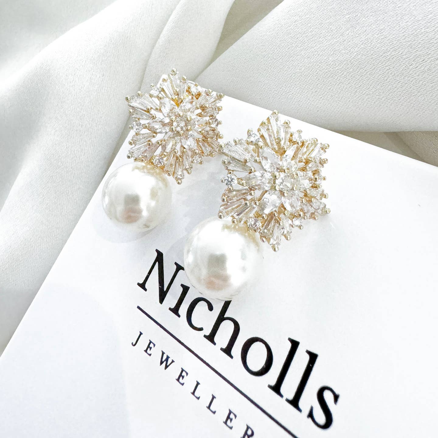 Gold Snowflake Crystal & Pearl Drop Earrings