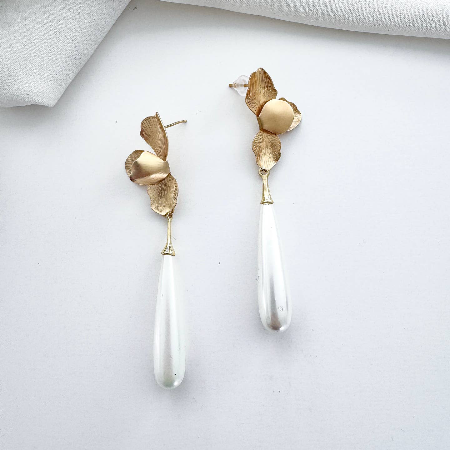 Gold Folded Flower & Long Elegant Pearl Earrings