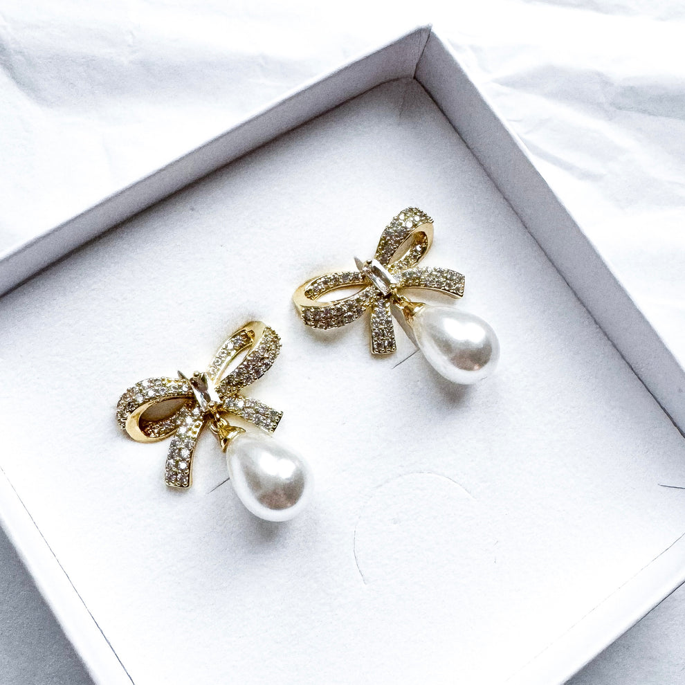 Gold Crystal Bow & Pearl Earrings Gold