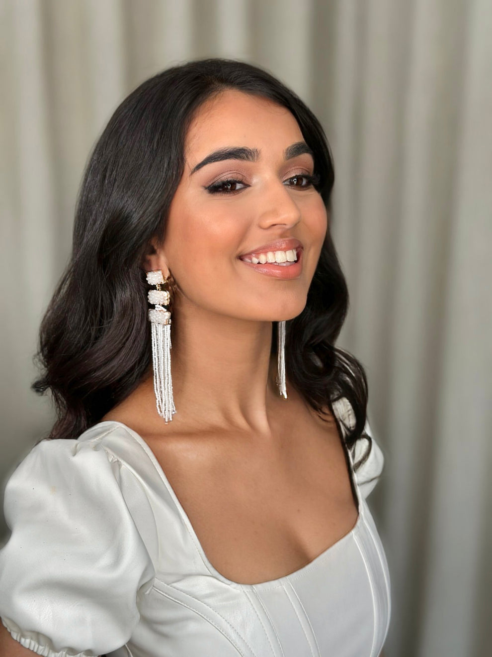 White Beaded Tassel Earrings