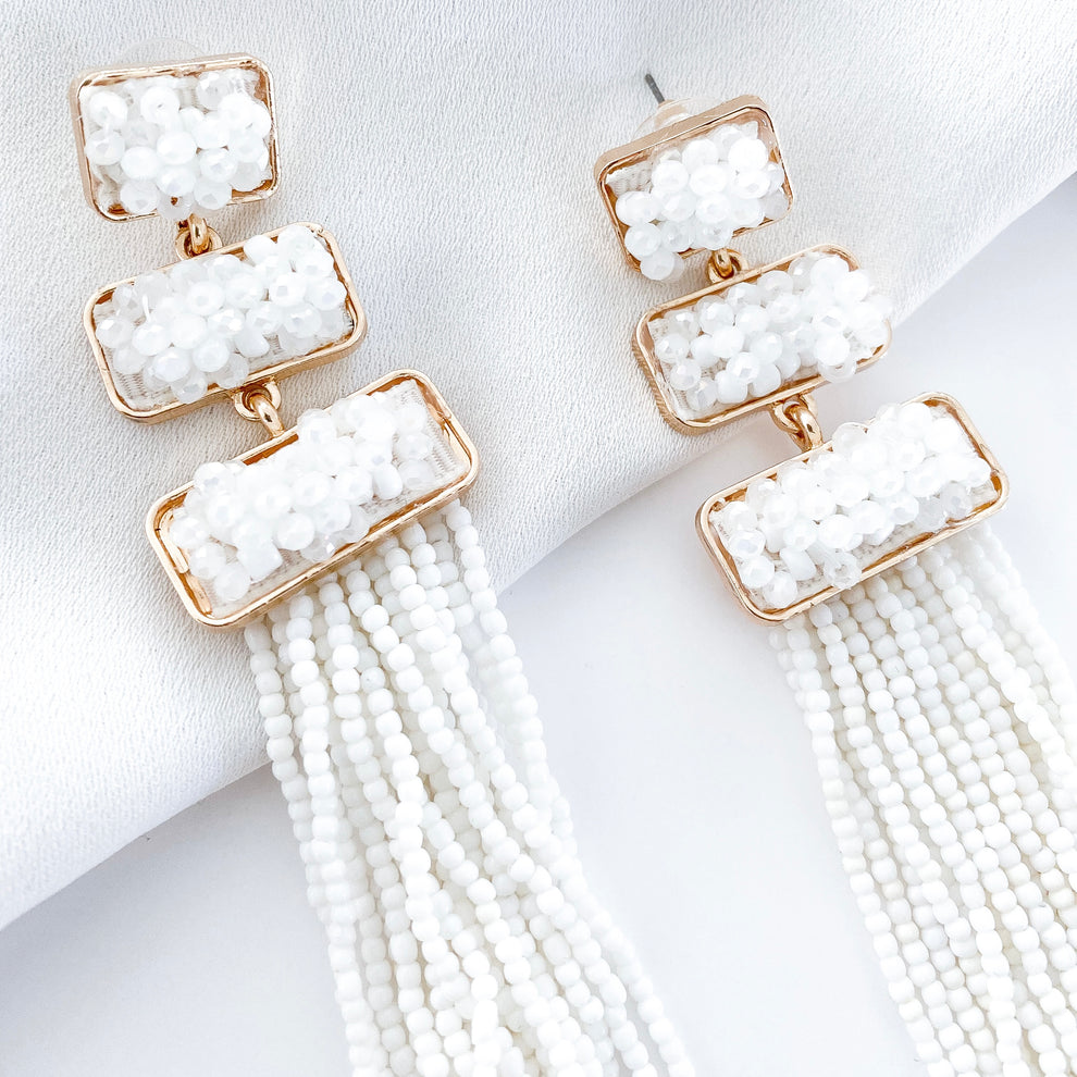 White Beaded Tassel Earrings