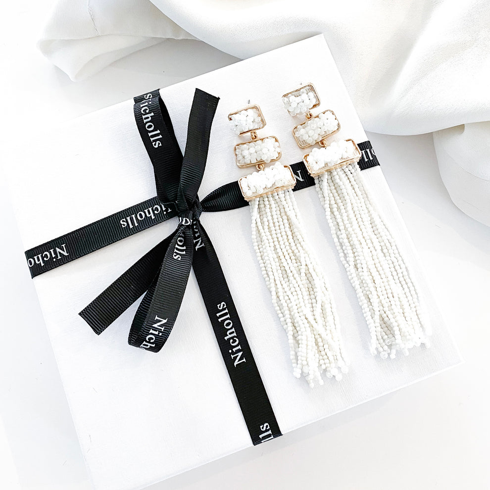 White Beaded Tassel Earrings