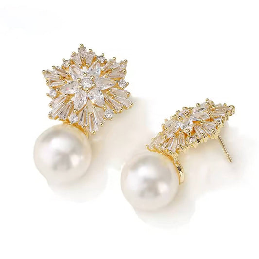 Gold Snowflake Crystal & Pearl Drop Earrings