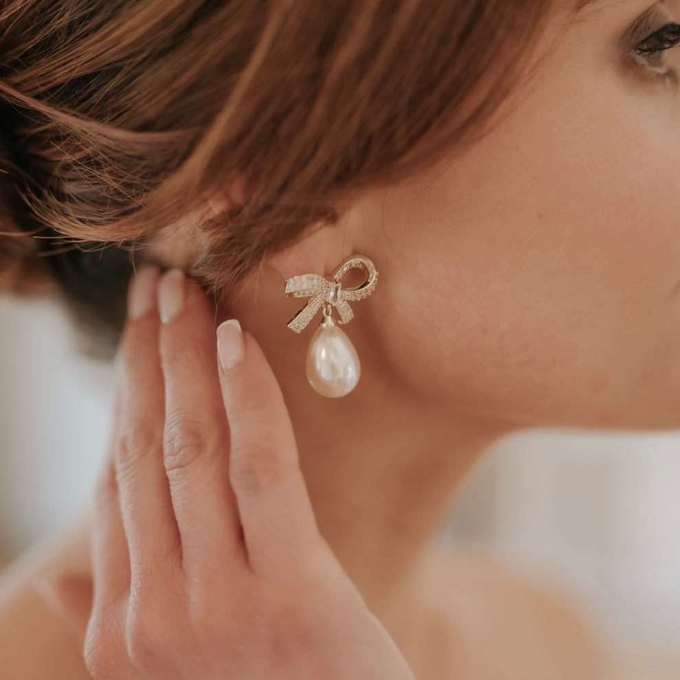 Gold Crystal Bow & Pearl Earrings Gold